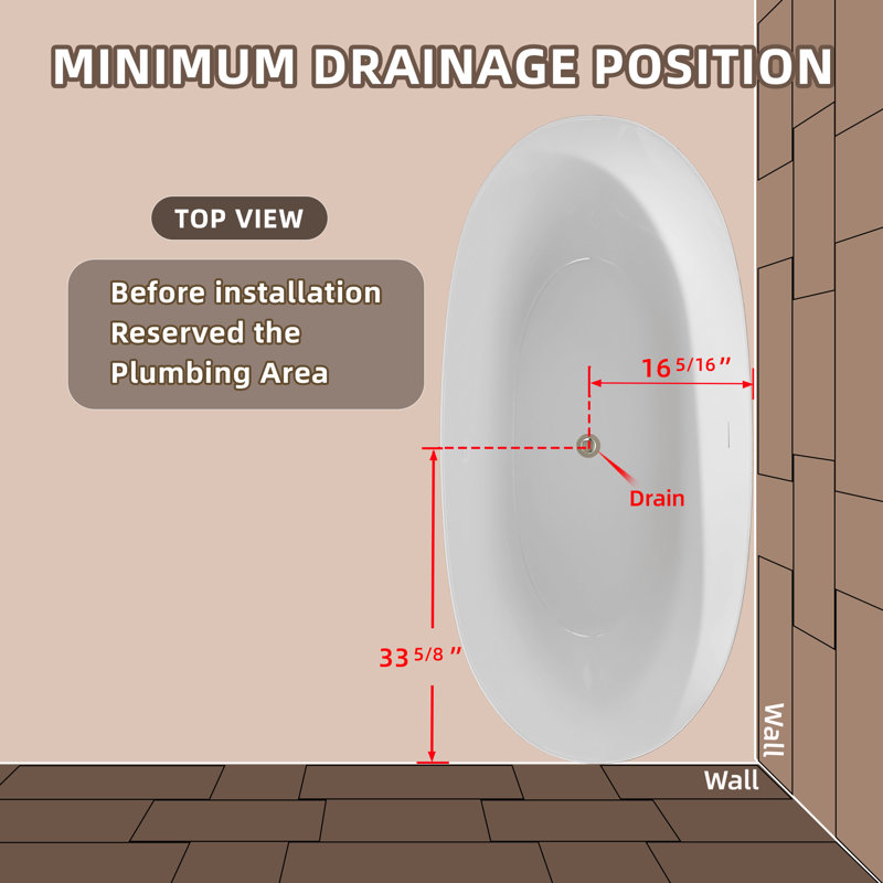 Acrylic Bathtub 67'' W x 32.3'' D Freestanding Soaking Bathtub Glossy White Oval Slipper Tub with Overflow Center Drain
