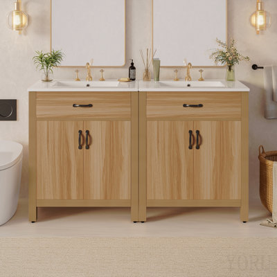 Meuble-lavabo de 60 po en bois avec cadre en bois massif, 4 portes à fermeture douce, 2 tiroirs rabattables, tablette réglable, armoire de rangement moderne