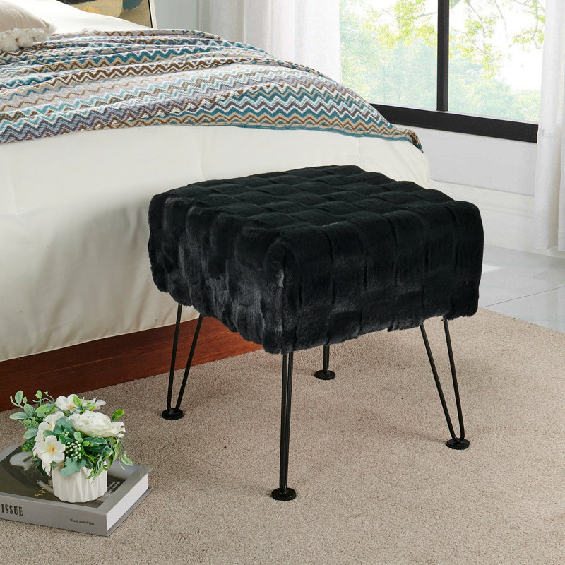 43.2cm Wide Square Solid Colour Standard Ottoman, Black Faux Fur