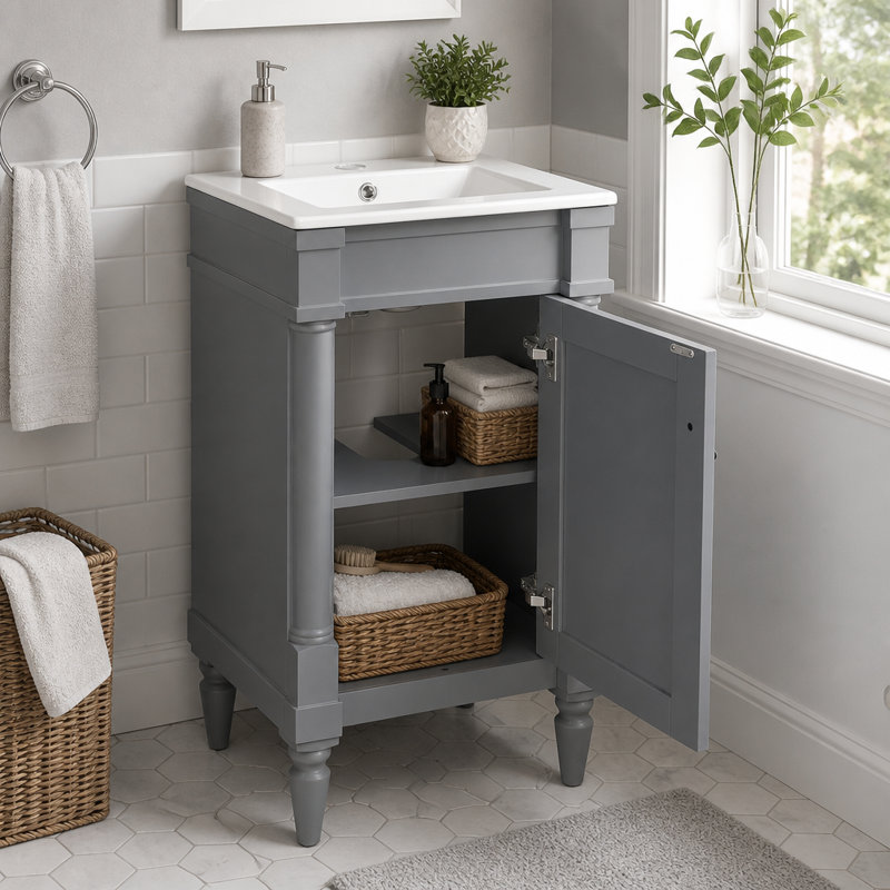 Meuble-lavabo compact avec lavabo, portes à fermeture douce et tablette réglable, 47.62 lbs Grey