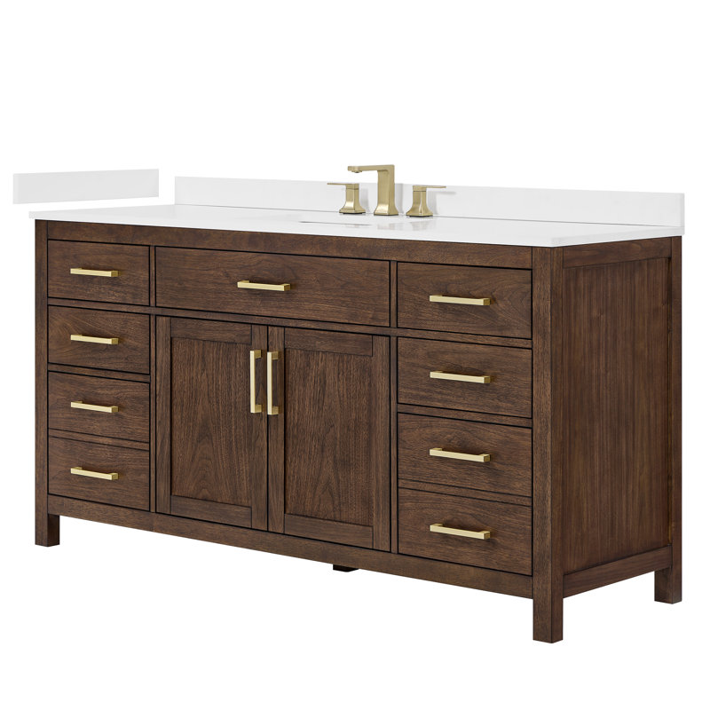 Beckett 66" Freestanding Single Bathroom Vanity with Quartz Top, Dark Walnut, Brushed Gold, White Quartz