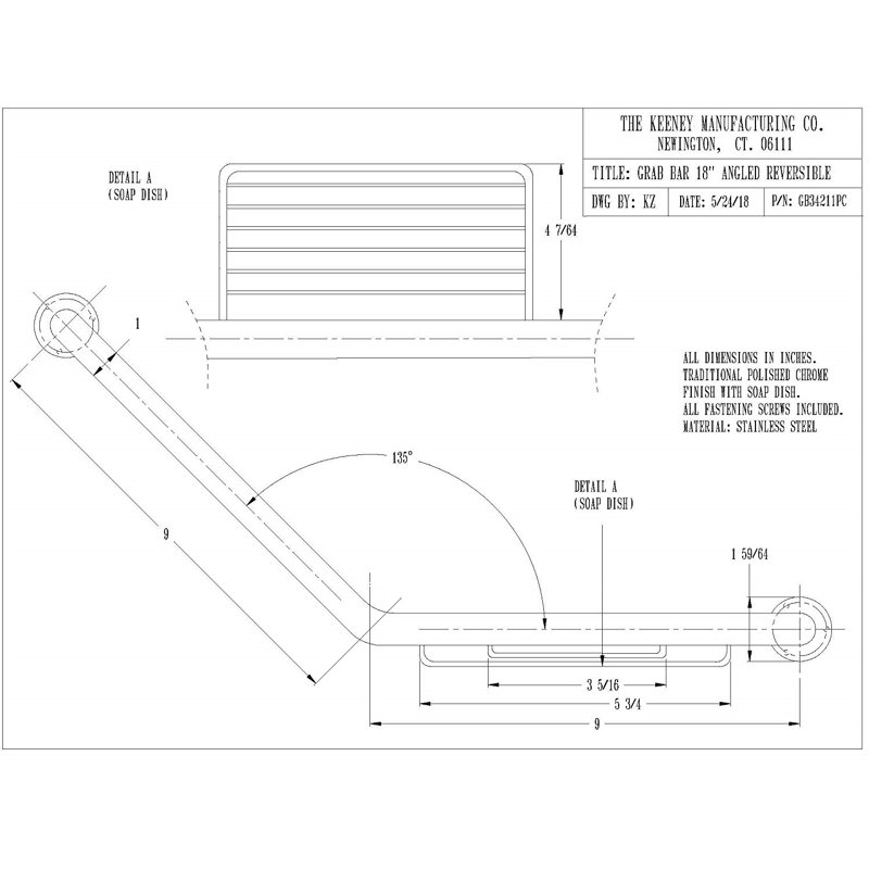 Barre d'appui angulaire réversible 8 po, Nickel brossé