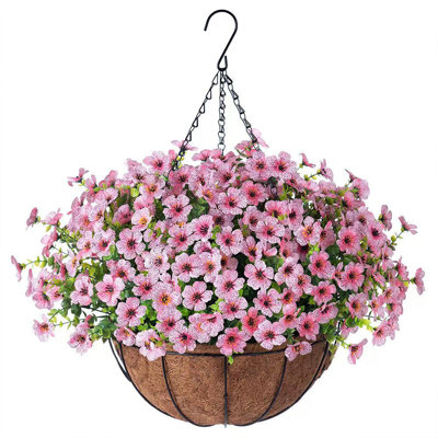 Artificial Faux Hanging Plants Flowers Basket with Hanging Basket for Outdoors Spring Summer Decoration,Hanging Planters with Fake Silk Flowers UV Resistant Realistic for Outside Porch Patio Balcony Garden