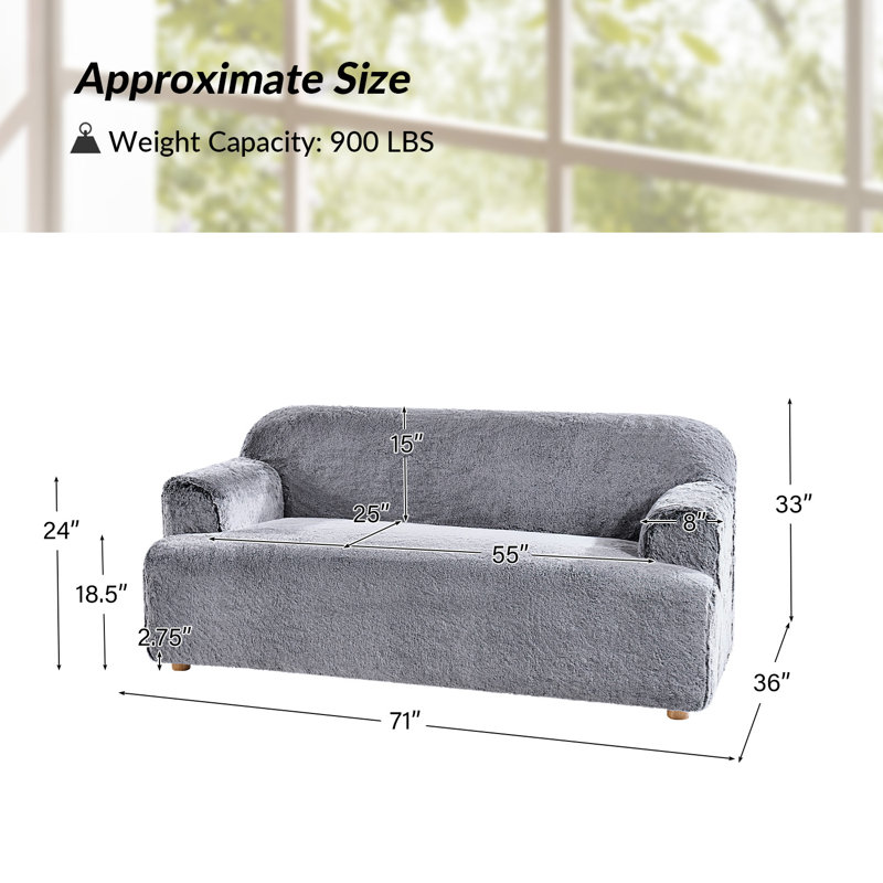 Heurich 71" Modern Curved Faux Fur Loveseat with Solid Wood Legs, Gray