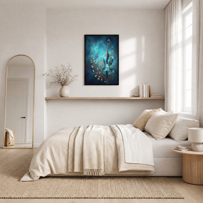 Art mural sur toile céleste violon avec filigrane doré et étoiles, 24"H x 16"W