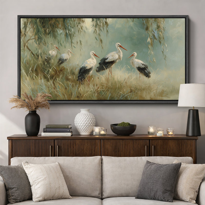 Élégante cigogne blanche, marécage, scène naturelle, très grandes photos, impression sur toile encadrée, Noir