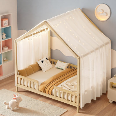 House Shape Floor Bed Frame With High Railings And Top Canopy