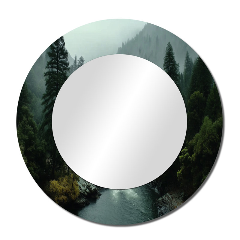 Morning Mist in the Vancouver Mountains - Miroir décoratif rond rustique vert, impression métallique, 36" x 36"