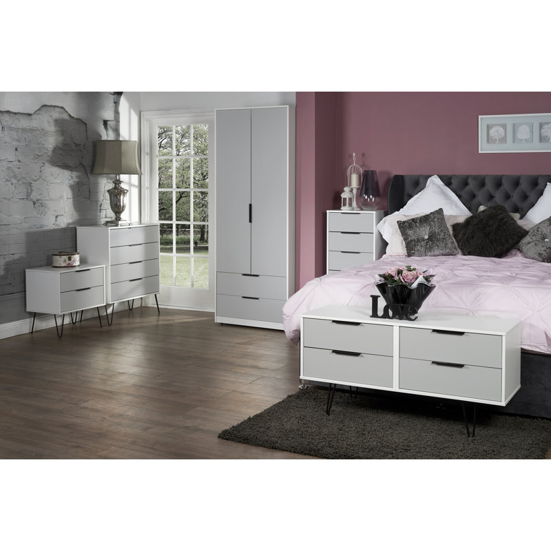 Fully Assembled Menifee 2 Drawer Bedside Table, White/Silver
