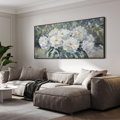 Très grande reproduction d'art sur tissu - Bouquet de pivoines blanches dans un style impressionniste pour un salon ou une chambre à coucher - «Assemblage requis du cadre (cadre non fini)»