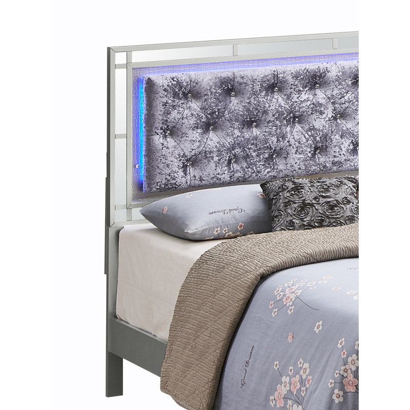 Silver Champagne Queen Velvet Upholstered Bed with Tufted Headboard