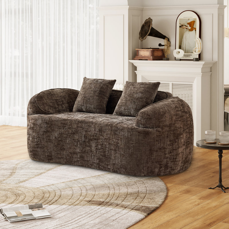 2-seater Curved Compressed Sofa, Upholstered Boneless Loveseat, Brown