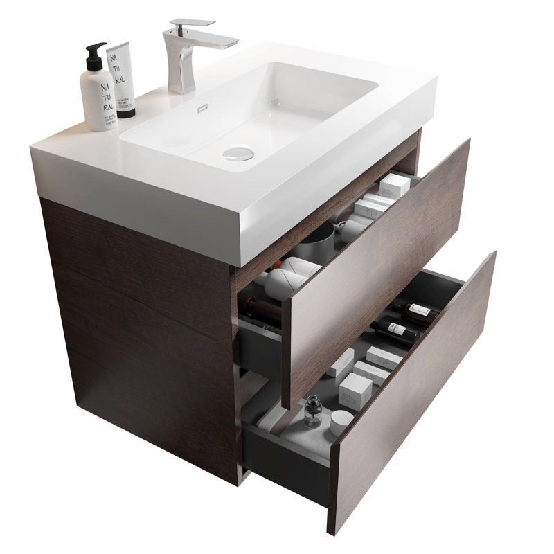 Meuble-lavabo mural en noyer de 30 po avec lavabo, grande vasque murale flottante pour salle de bain moderne Alice