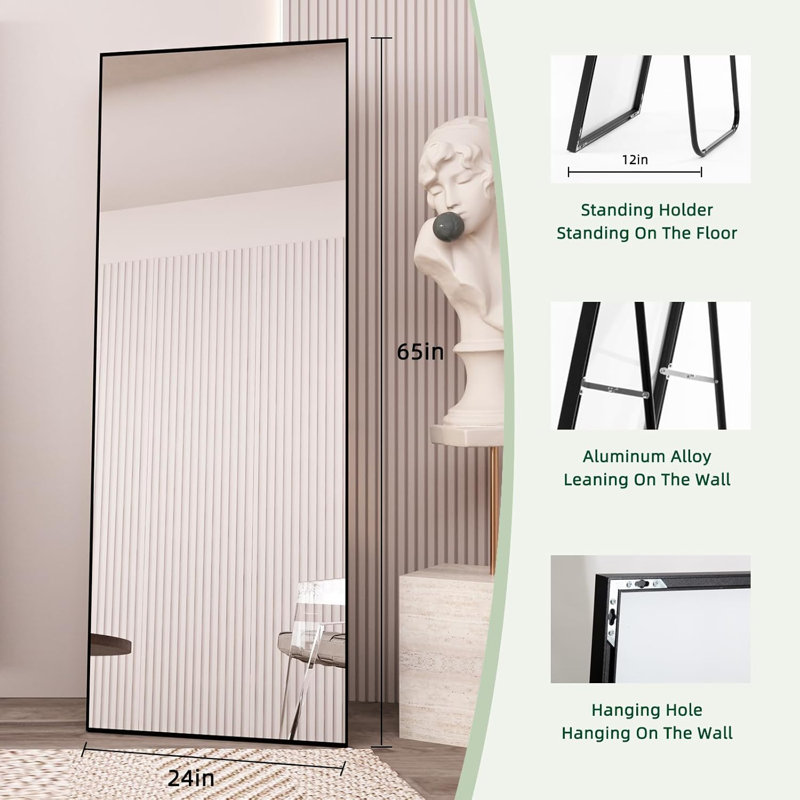 Grand miroir pleine grandeur avec support, miroir mural complet pour le corps, miroir trempé pleine longueur à cadre en métal pour le salon, la chambre à coucher