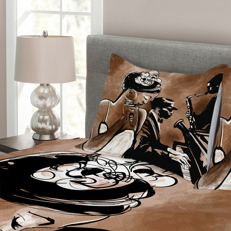 Musicians Singing Woman and Piano Saxophone Player Men Bedspread Set, 220 x 264 cm