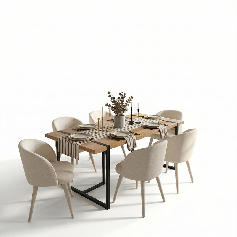 Modern 79" Rectangular Dining Table Set with 6 Upholstered Armchairs, White
