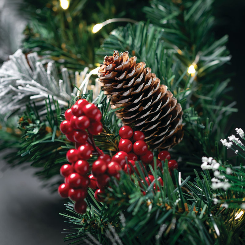 Artificial 24" LED Mixed Pine Christmas Wreath with Flocking, Pinecones and Berries, Green