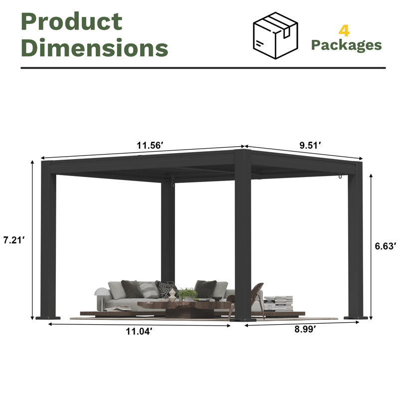 Pergola extérieure de 3,66 m x 3,05 m avec toit à lames orientables et drainage intégré, pergola métallique robuste à lames orientables pour patios
