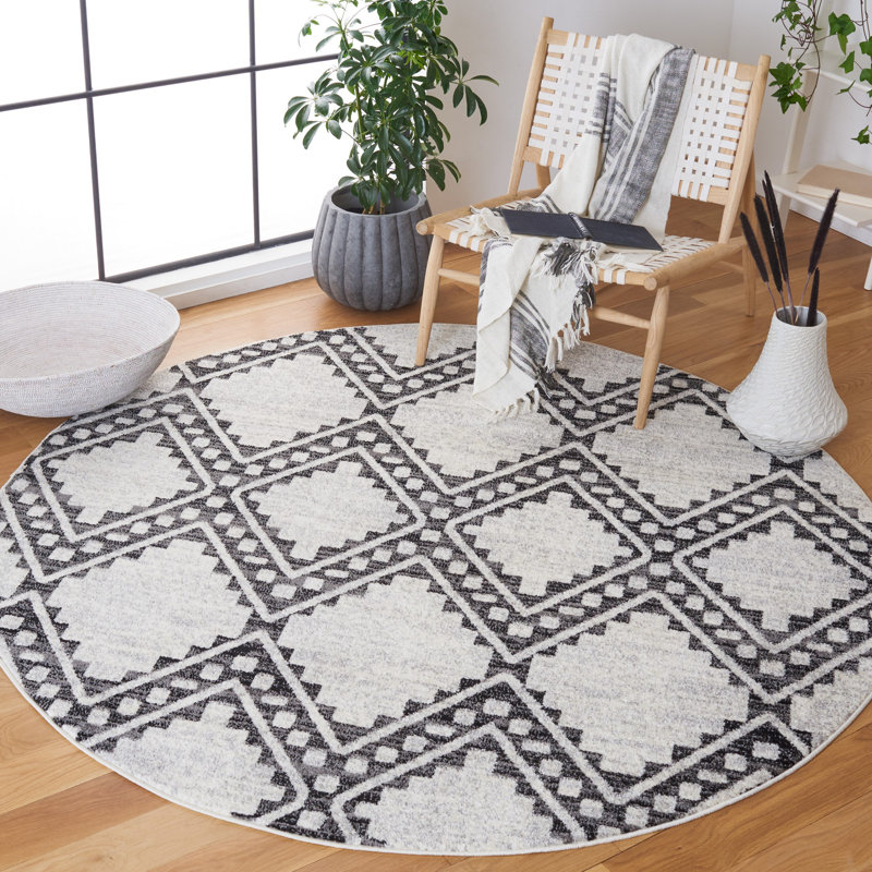 Burch Geometric Ivory/Black Area Rug, Round 6'7"
