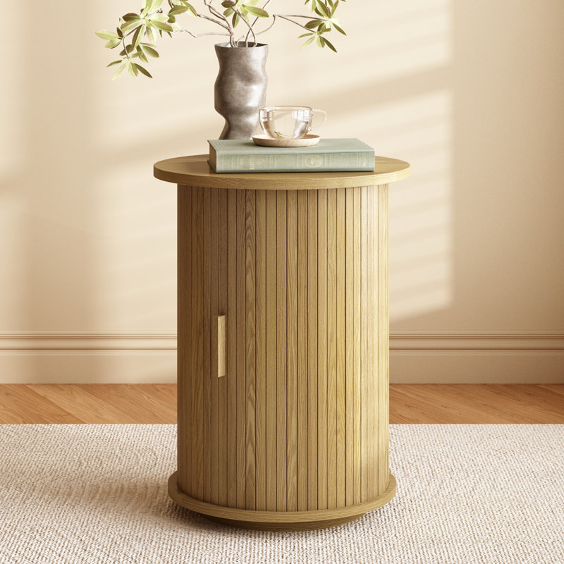 Adalia 17.7" Fluted Round End Table With Tambour Sliding Door, Nature Color