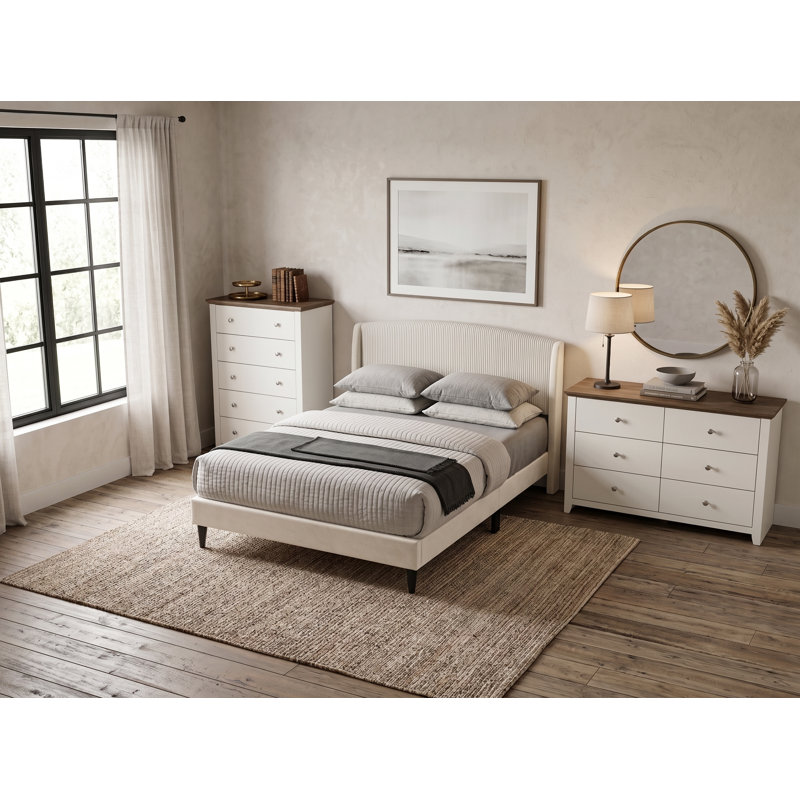 Ensemble de chambre à coucher 3 pièces Burriss, Beige / ivoire / chêne noueux, Ensemble de trois pièces : lit, deux commodes