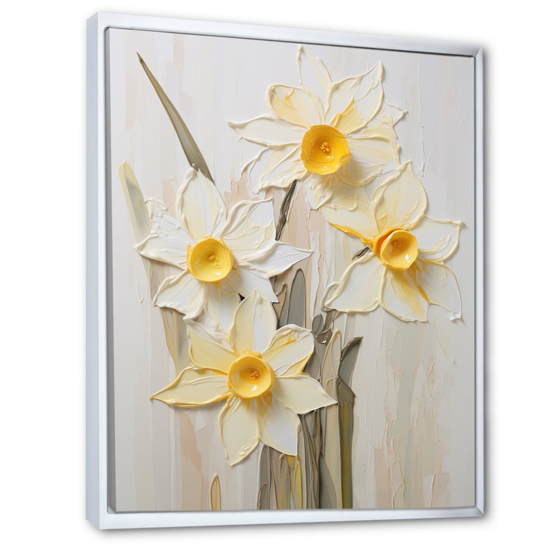Minimalisme crème, jonquilles sur toile, Cadre flottant blanc, H 32 po x l 24 po x P 1 po