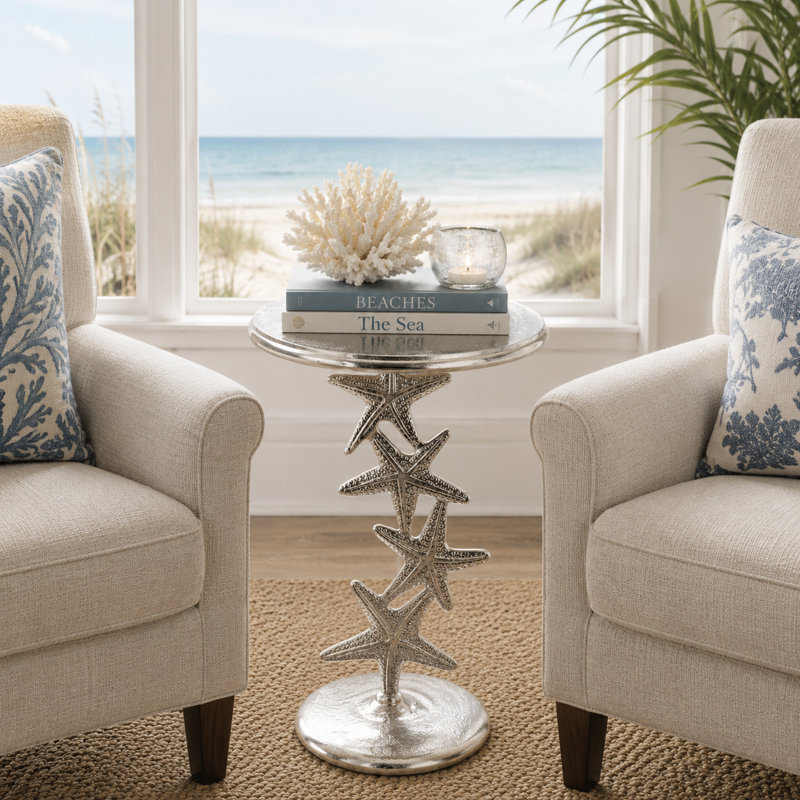 Elegant Metal Round Accent Table With Coastal Starfish Design for Bedside Table - Decorative Narrow End Table For Home And Living Room Decor - 25"