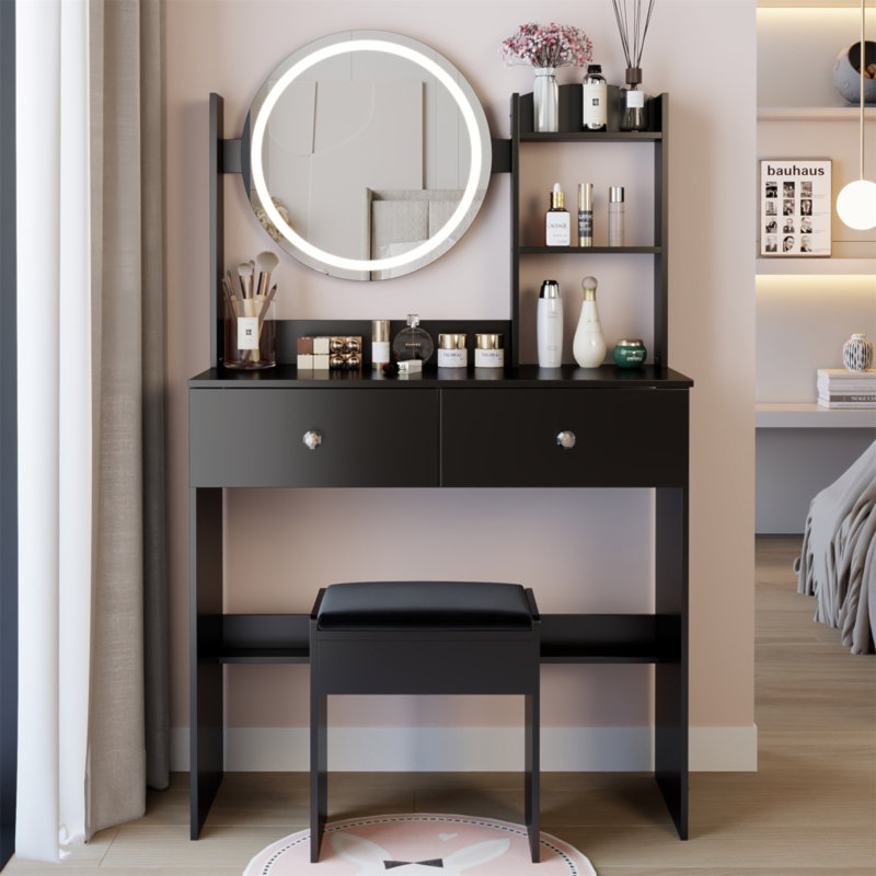 17" Round LED Mirror Vanity Table + Soft Cushion Stool Set, Large Mirror, Touch Switch, 3 Colors, Adjustable Brightness, Large Desktop, Multi-Layer High Capacity Storage, Suitable For Small Space