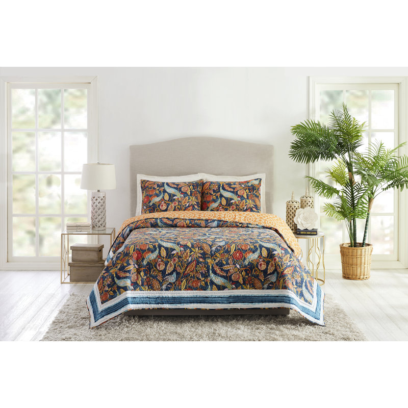 Peacock Garden Blue Cotton Reversible Full Quilt Set