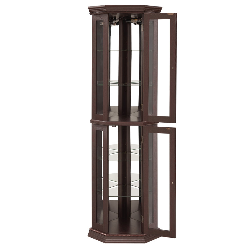 Vitrine de coin vitrée avec vitrine d'angle lumineuse, vitrine avec lumière (incluse), bar, armoire à vin avec tablettes réglables en verre, décoration en cerisier clair (incluse)