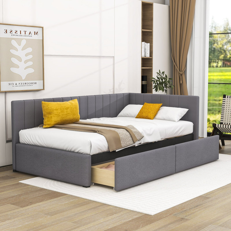Roya Twin Size Upholstered Daybed with 2 Storage Drawers, Grey