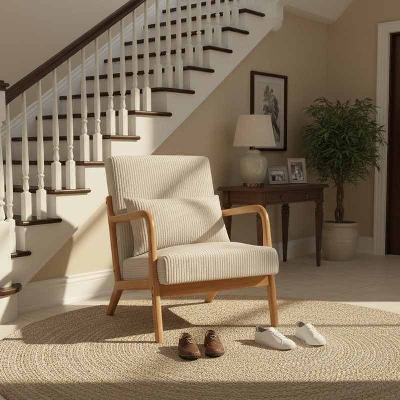 Waiting Room Reception Chair, Mid-Century Modern Accent Chair with Pillow, Solid Wood Frame, Beige