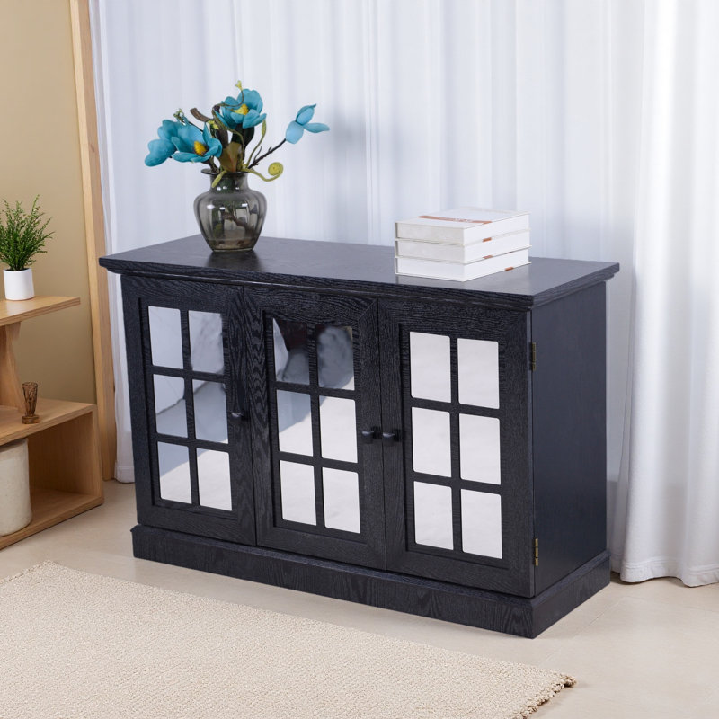 Armoire de rangement de 44,96 po de largeur avec 3 portes en miroir en acrylique, buffet avec tablettes réglables pour le salon, la cuisine et la salle à manger