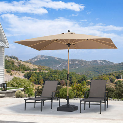 Parasol de patio 6,5 'x 10' avec base et parasol de marché avec manivelle et table rectangulaire en aluminium avec 8 nervures