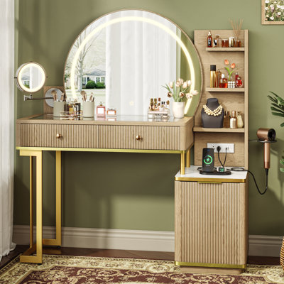 Makeup Vanity Desk with Lighted Mirror, 5X Magnifying Mirror, Glass Top and Charging Station, Natural