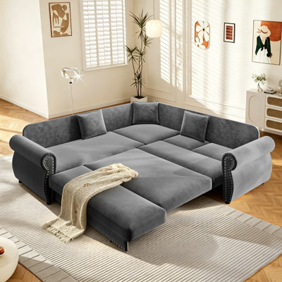 Pull-Out Sofa Bed Sectional,Chenille Modular Sleeper Sectional L Shaped Couch Sofa Bed