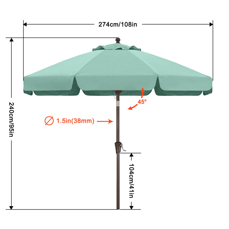 Parasol de marché festonné en oléfine de 2,74 m (9 pi) avec inclinaison et levage à manivelle, Brise de menthe