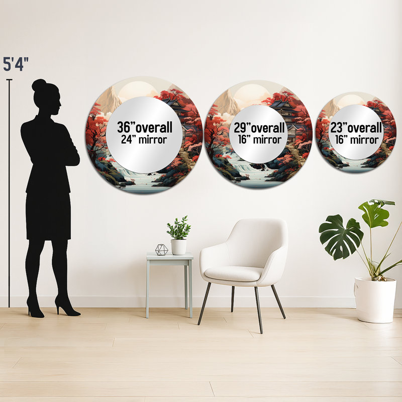 Satia Asian Art Landscape - Art asiatique unique, miroir mural, miroir rond grand, art en métal imprimé, 36 po x 36 po