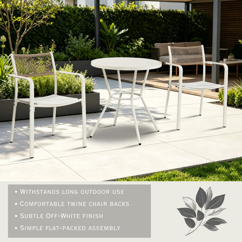 Rimini Patio Dining Set with Round Metal Table & Two Chairs, Off-White