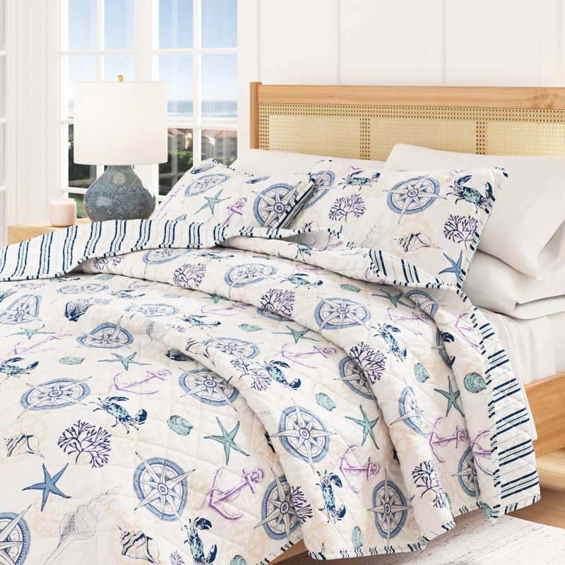 Ensemble de courtepointe réversible bleu / bleu marine avec taies décoratives