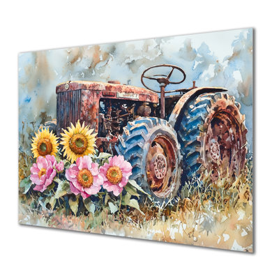 Tournesols par le vieux tracteur II - campagne, reproduction d'art sur métal