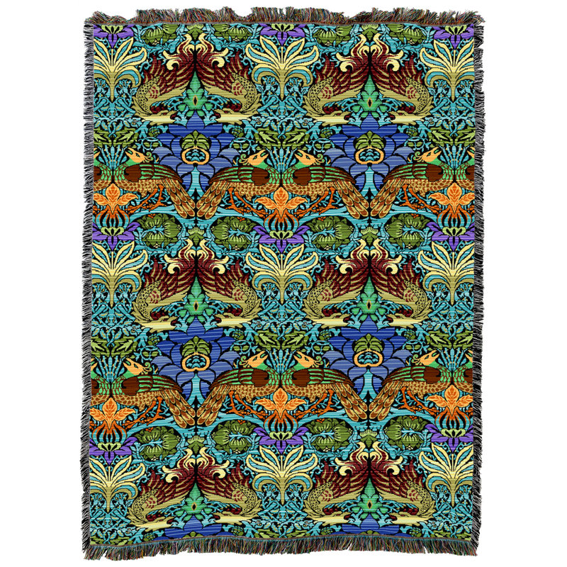 Couverture XL Pure Country Weavers William Morris Dragon et Paon - Artisanat - Tapisserie tissée en coton - Fabriqué aux États-Unis (82 x 62)