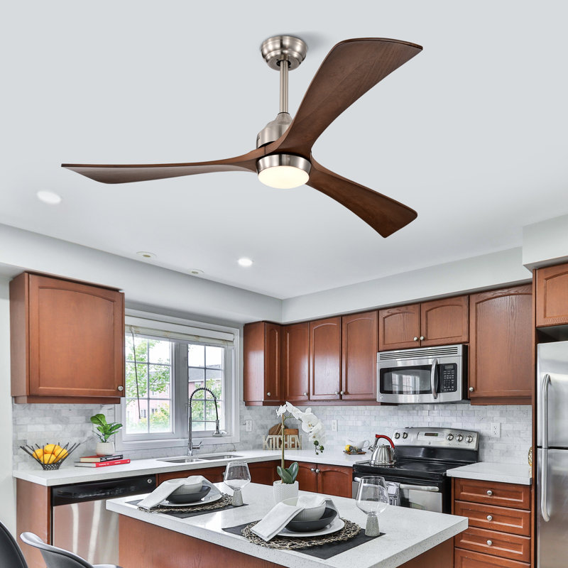52'' Solid Wood Ceiling Fan with LED Lights, Nickel with Walnut Blades