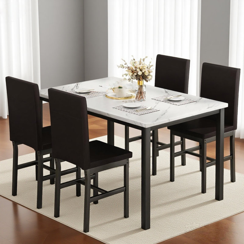Ensemble de coin-repas 5 pièces en faux marbre, Blanc / kaki