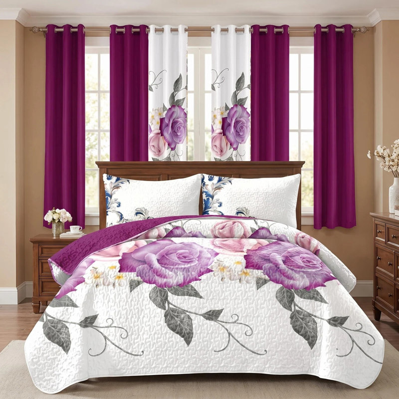Ensemble de couvre-lit et rideau en microfibre 9 pièces 9 pièces avec 2 taies décoratives et 6 œillets filtrant la lumière