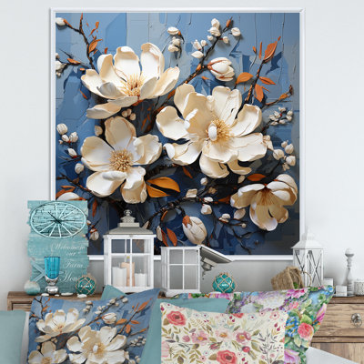 «Magnolia Blooming Elegant III» bleu et blanc sur toile