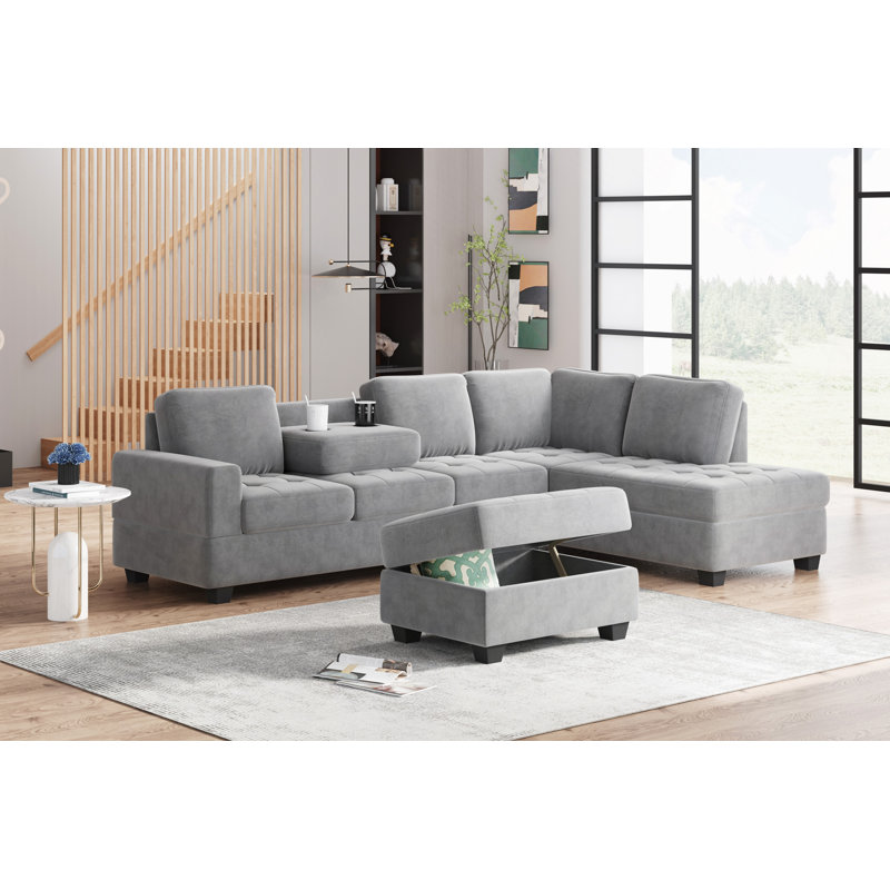 Canapé modulaire, canapé modulaire moderne avec méridienne réversible, ensemble de canapé en forme de L avec repose-pieds de rangement et deux porte-gobelets pour le salon
