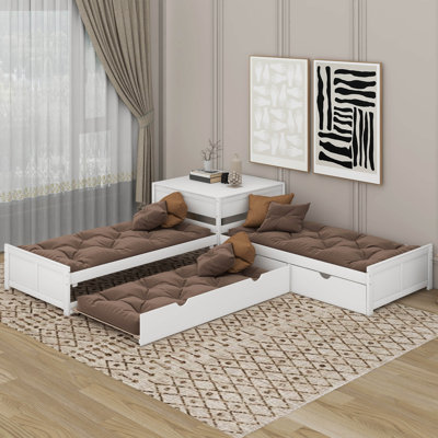 Lit plateforme simple en L avec lit gigogne et bureau