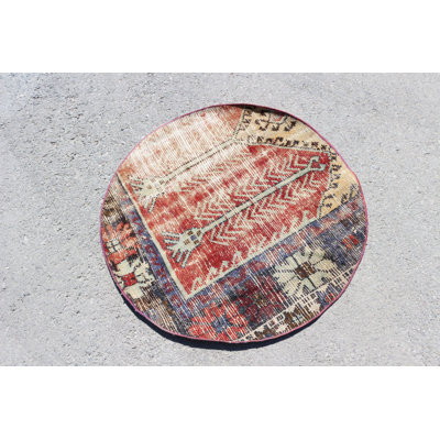Petit tapis rond rétro de style bohémien rouge Oushak rétro idéal pour la décoration d'un vestibule de Turquie