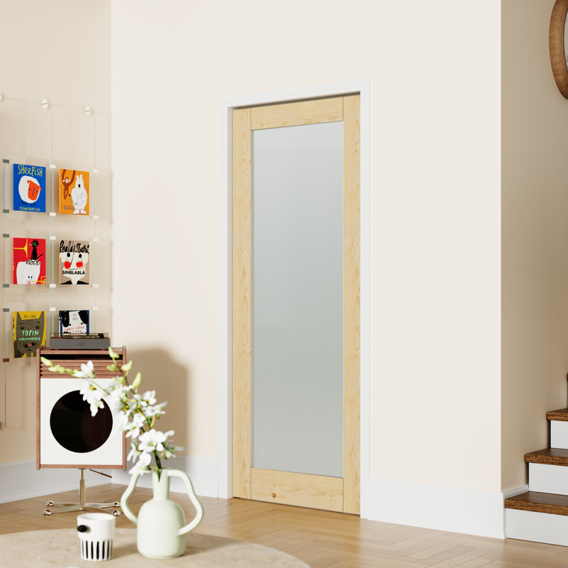Porte intérieure moderne en verre givré moderne avec structure en bois massif, cadre pré-suspendu et quincaillerie incluse (cadre de porte inclus)